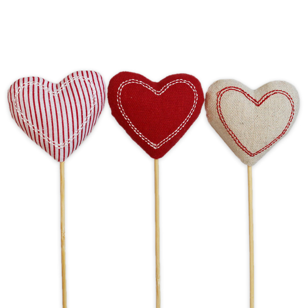 Srdce zápich textil š.5,5x28cm červené mix