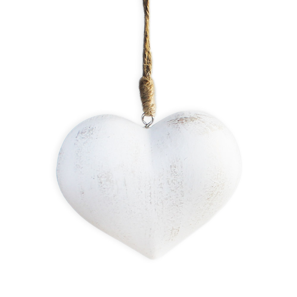 Srdce bílá patina závěs dl.13cm dřevo