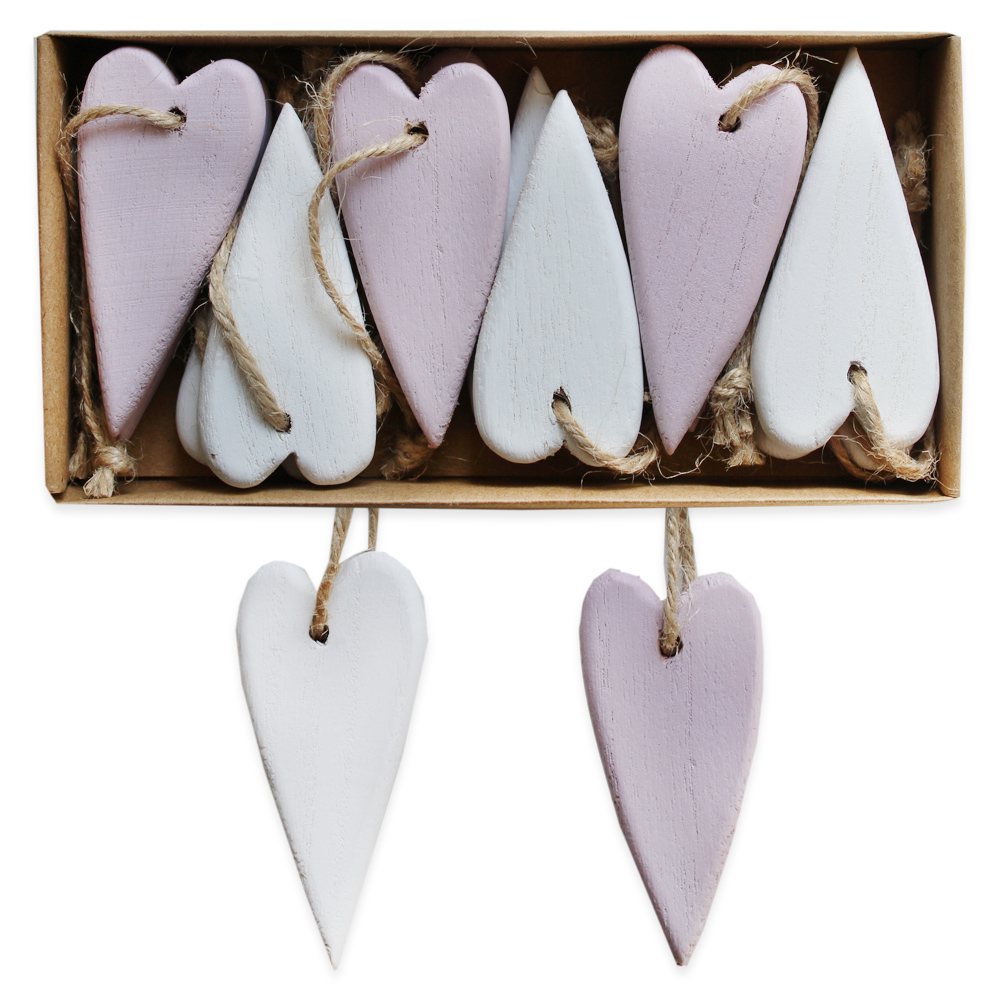 Srdce závěs dřevo v.8cm bílá/lila S/12