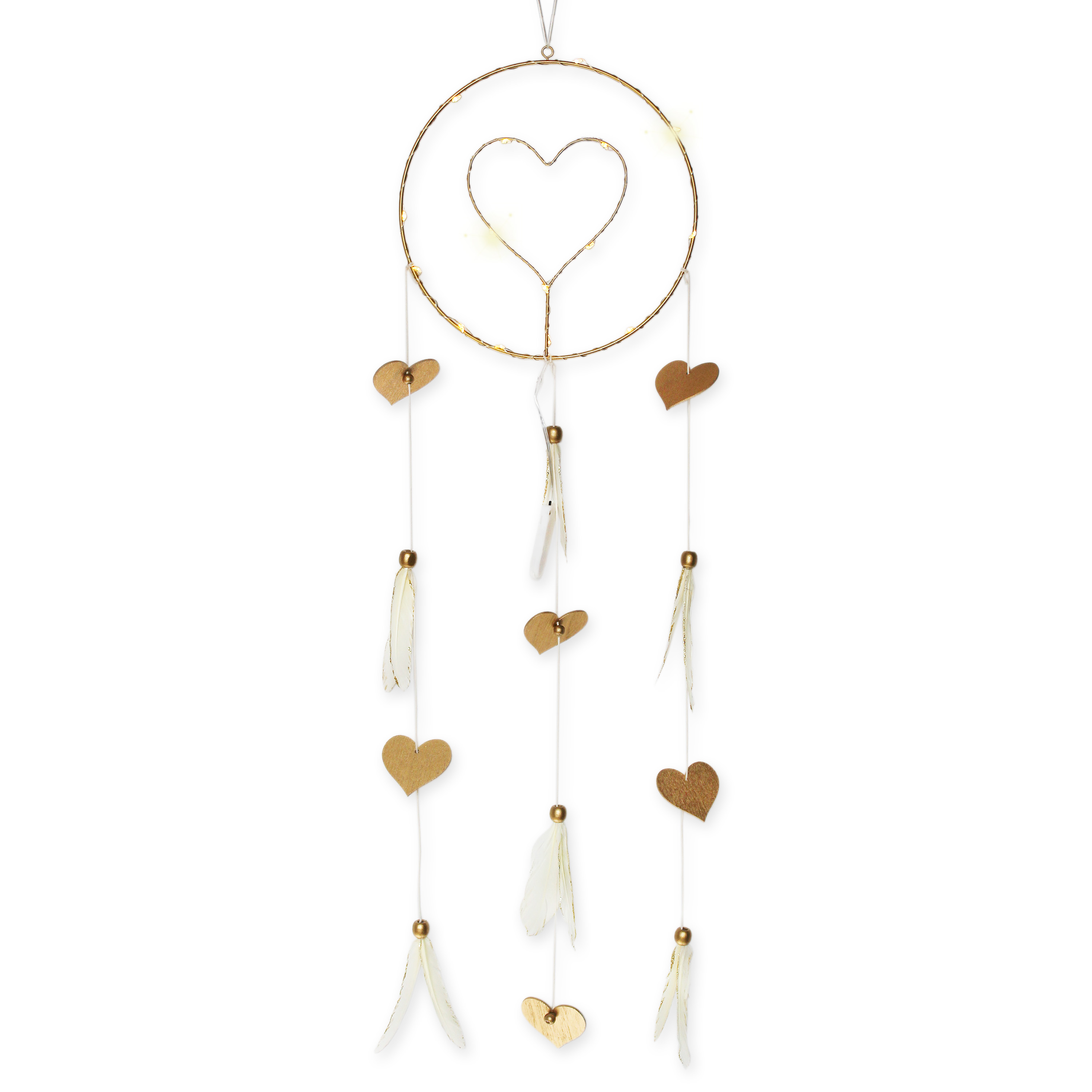 Lapač snů srdce kov/LED dl.80cm krém II.jakost