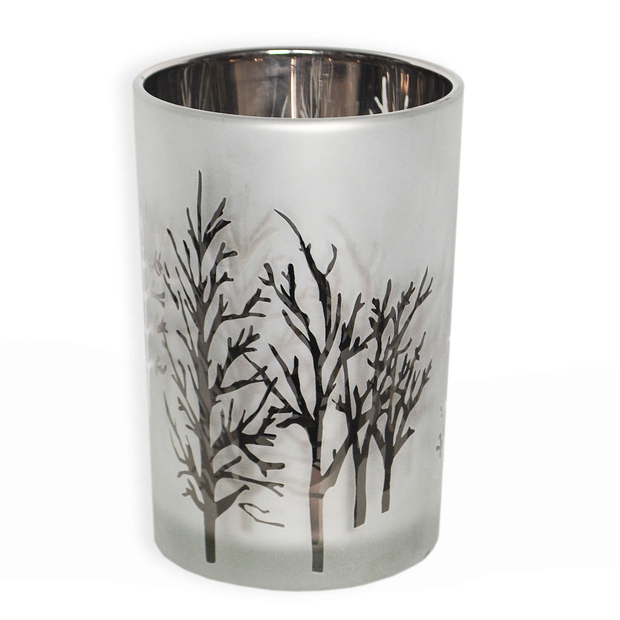 Sklo svícen stromy pr.12x18cm stříbrný mat