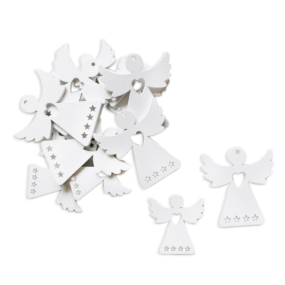 Anděl přízdoba pr.4cm bílé dřevo S/12