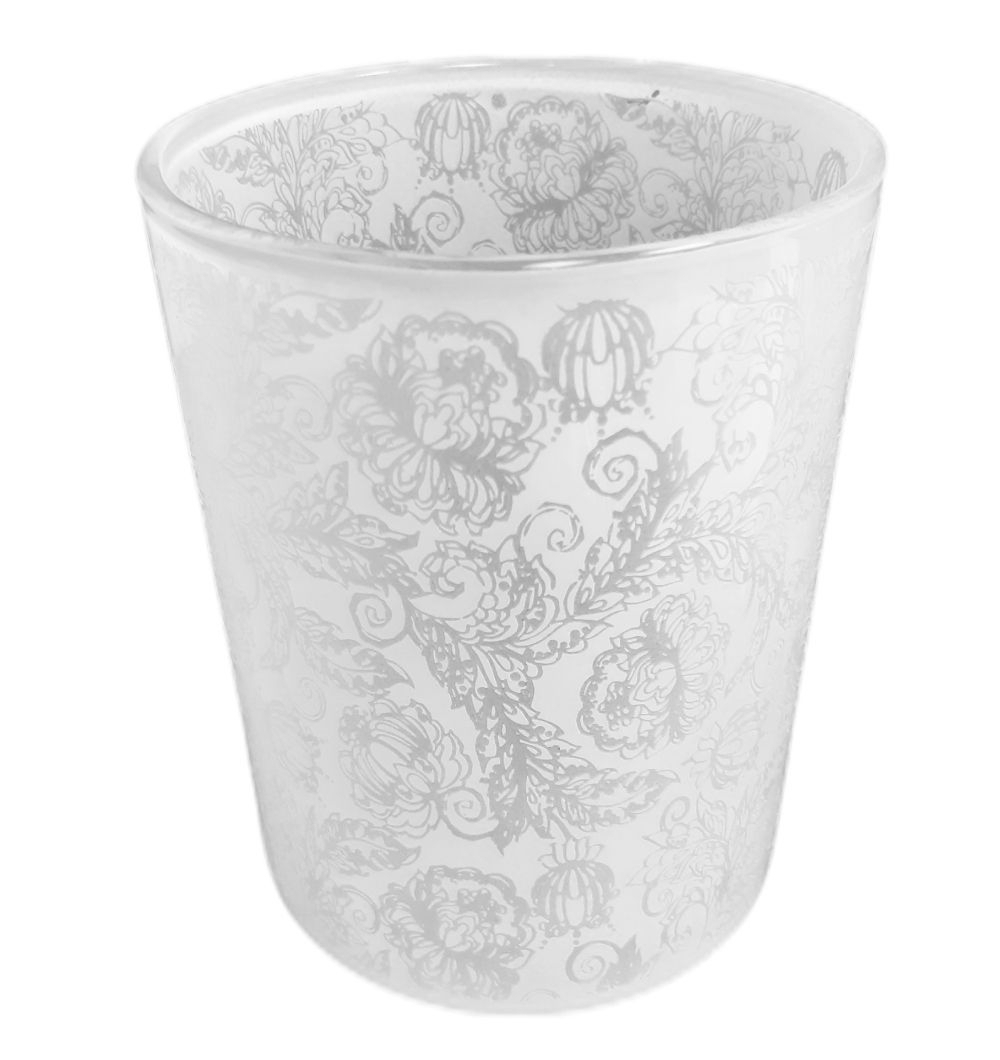 Sklo svícen květiny pr.10x12,5cm bílý