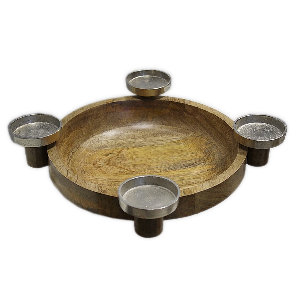 Adventní svícen kov/dřevo pr.32x9,5cm