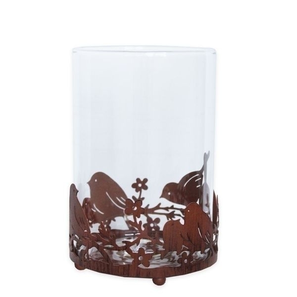 Svícen sklo/kov ptáčci v.16x10,5cm